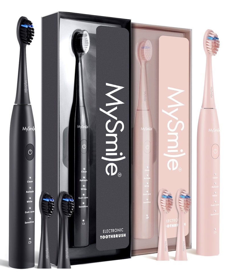MySmile DY156 Electric Toothbrush for Adults, Rechargeable Sonic Battery Toothbrush Portable with 3 Brush Heads, 2 Mins 5 Modes Smart Timer, 45000VPM, One Charge for 60 Days (Black, M) & MySmile DY156 Electric Toothbrush for Adults, Rechargeable Sonic Battery Toothbrush Portable with 3 Brush Heads, 2 Mins 5 Modes Smart Timer, 45000VPM, One Charge for 60 Days (Pink, M) Bundle - Image 1